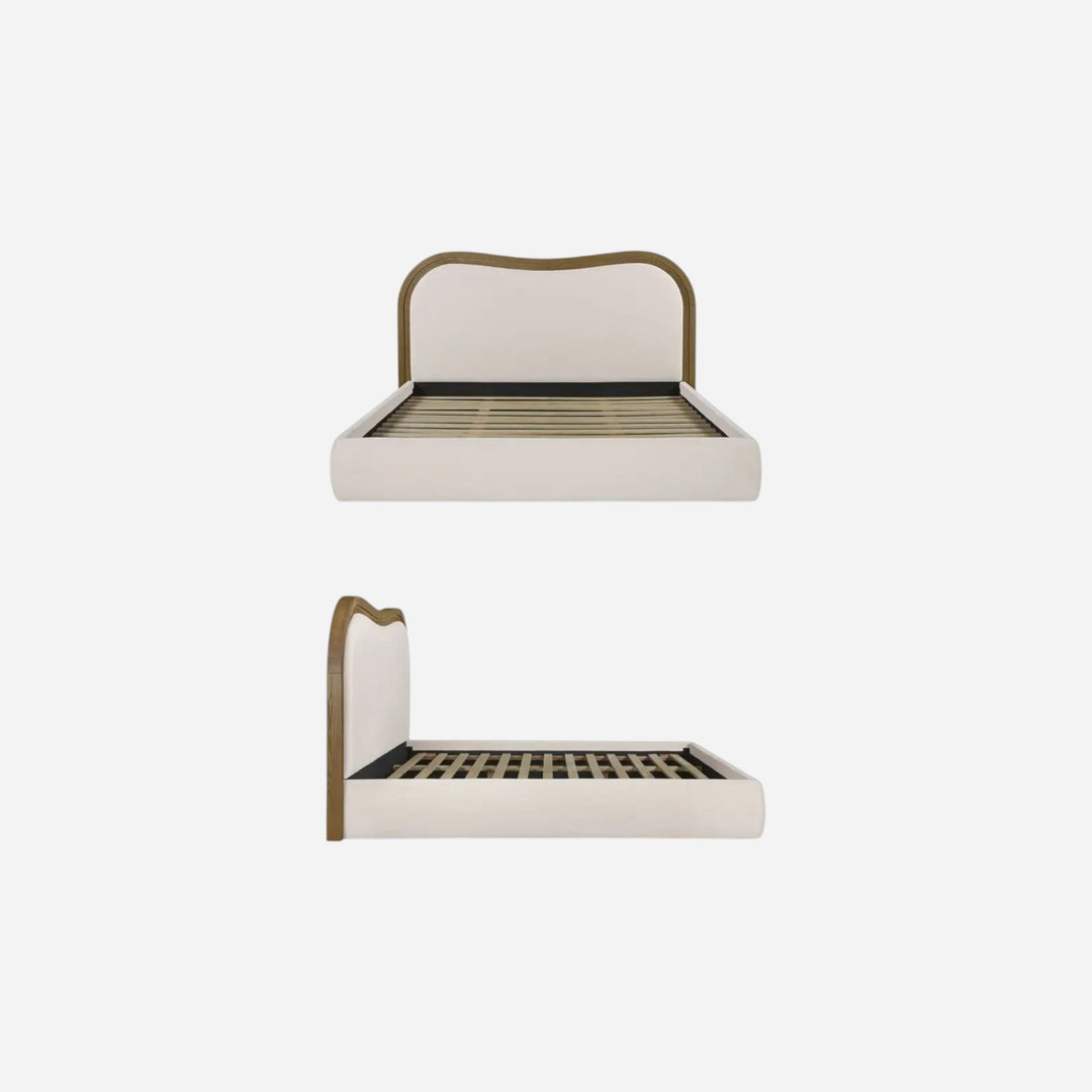 Lit Maison Olive EMMA avec tête de lit ondulée en polyester beige et cadre en bois de frêne brun, vues face et profil