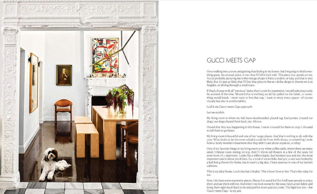 Livre de design d'intérieur Maison Olive présentant une salle à manger élégante avec un chien et des meubles en bois