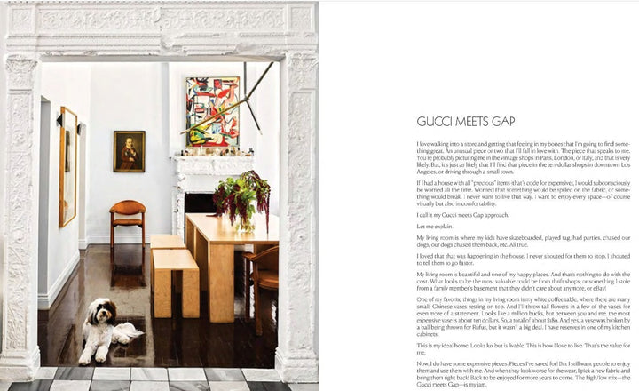 Livre de design d'intérieur Maison Olive présentant une salle à manger élégante avec un chien et des meubles en bois