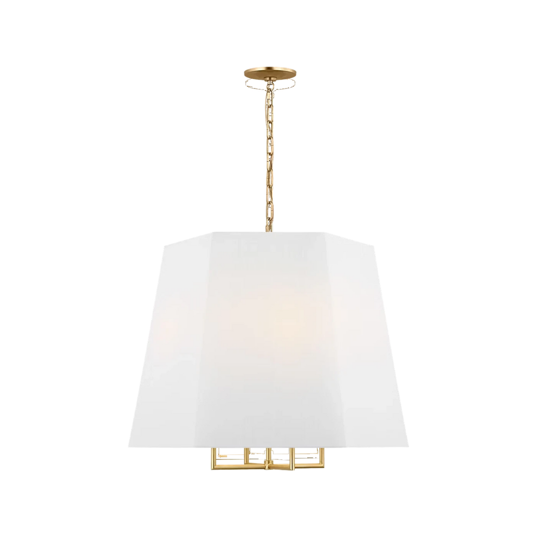Maison Olive lustre moderne en métal doré vieilli avec abat-jour blanc conique, design géométrique, 4 carrés dorés à la base.