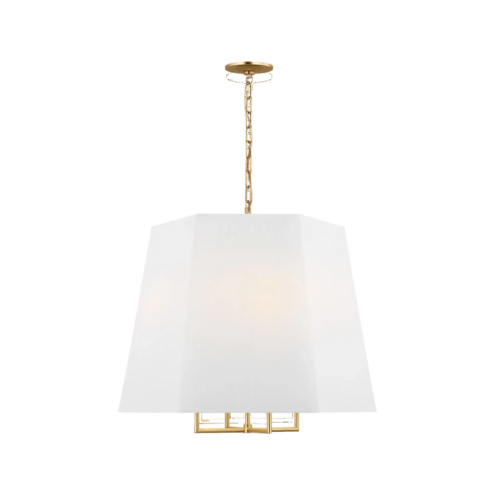 Maison Olive lustre moderne en métal doré vieilli avec abat-jour blanc conique, design géométrique, 4 carrés dorés à la base.