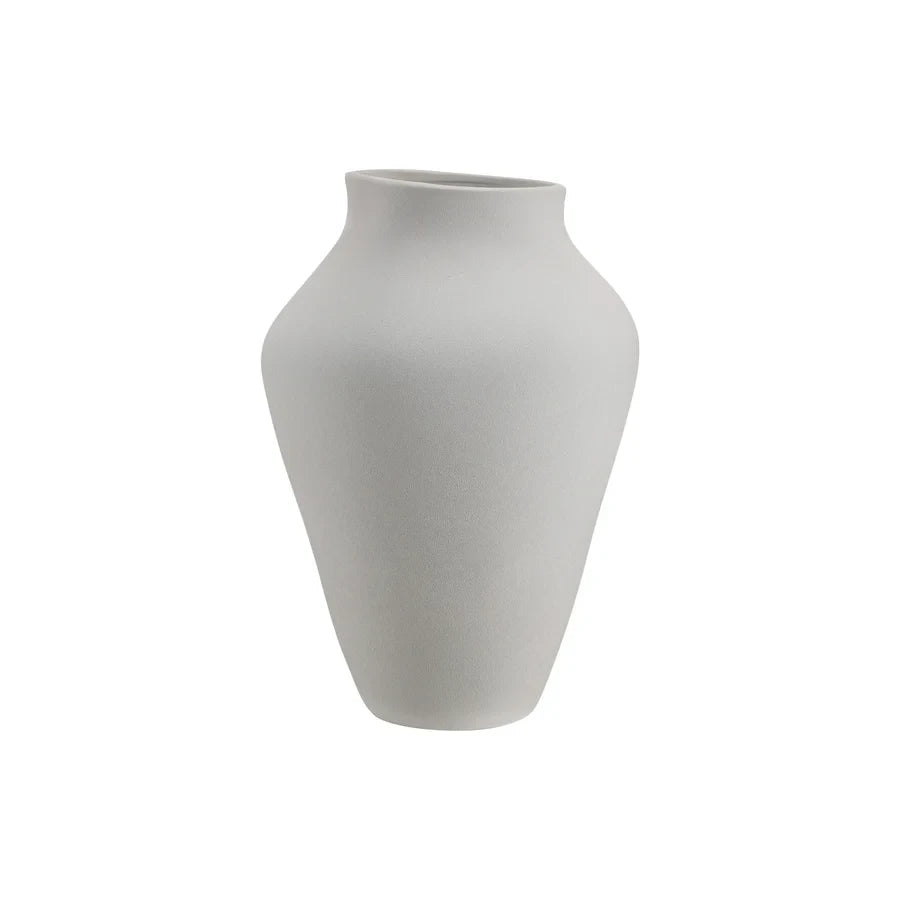 Maison Olive minimalist tapered ceramic table vase in a soft matte grey finish with a textured surface.