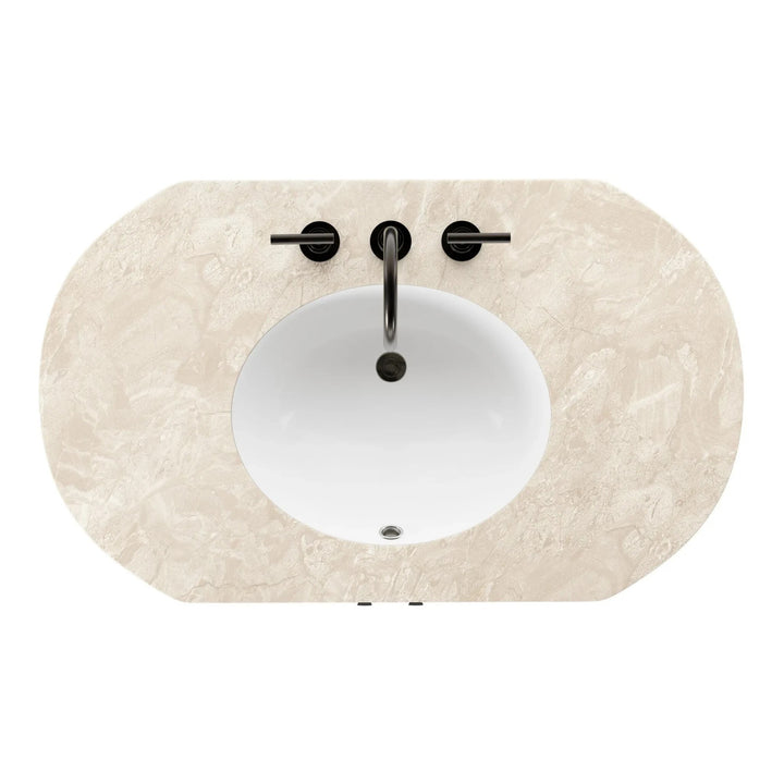 Maison Olive meuble de salle de bain en bois de chêne avec vasque intégrée en céramique blanche et robinetterie bronze.