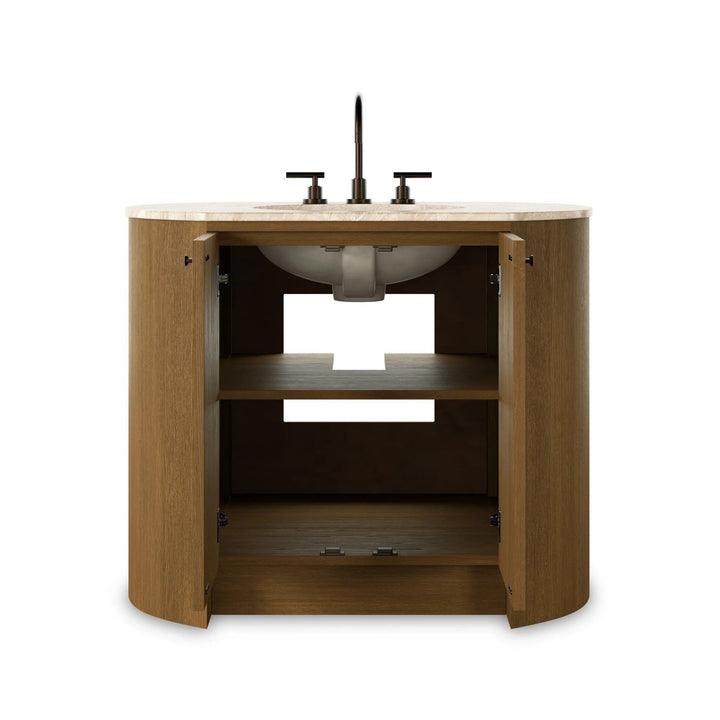 Maison Olive meuble de salle de bain en bois de chêne avec vasque intégrée et robinetterie bronze, plateau pierre beige.