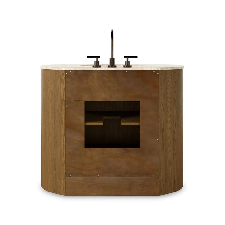 Maison Olive meuble vasque en bois de chêne naturel avec plateau en pierre beige et robinetterie bronze.