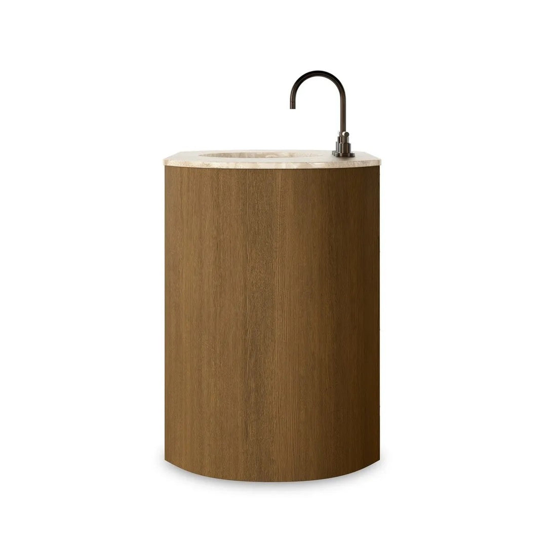 Maison Olive meuble vasque en bois de chêne naturel avec plateau en pierre beige et robinetterie bronze