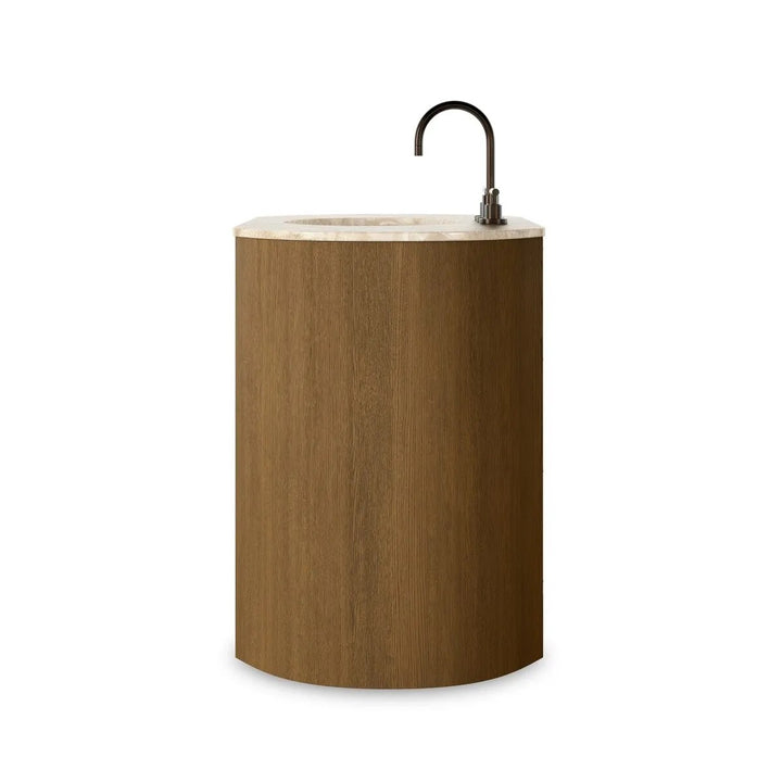 Maison Olive meuble vasque en bois de chêne naturel avec plateau en pierre beige et robinetterie bronze