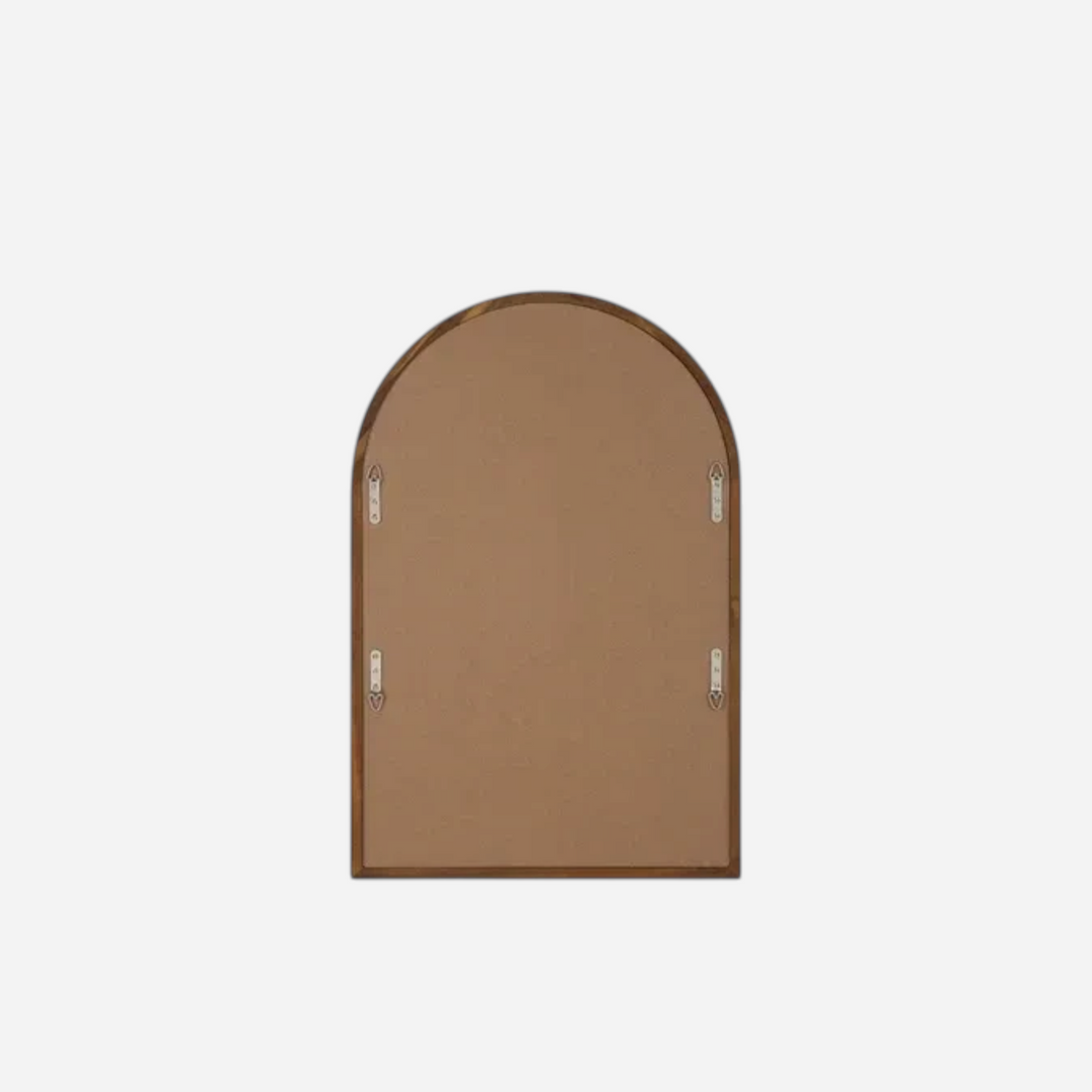 Vue arrière du miroir arqué SCOUT de Maison Olive avec cadre en bois finition noyer et fixations murales métalliques