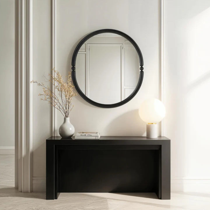 Maison Olive Miroir oval en fer noir mat avec détails de perles, 36" x 40", idéal pour une entrée ou un salon.