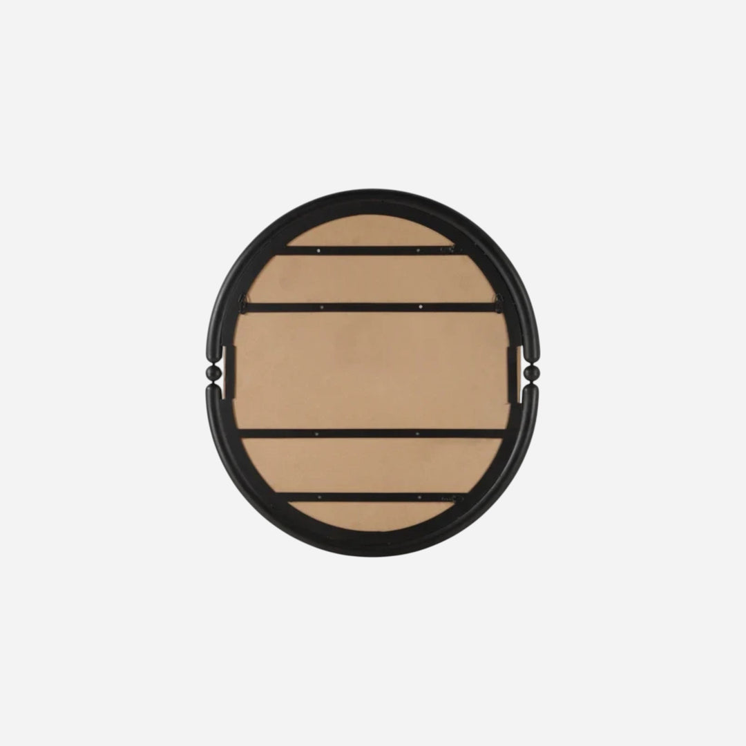 Vue arrière du miroir ovale Maison Olive Ditto avec cadre en fer noir mat et système d'accrochage double sens