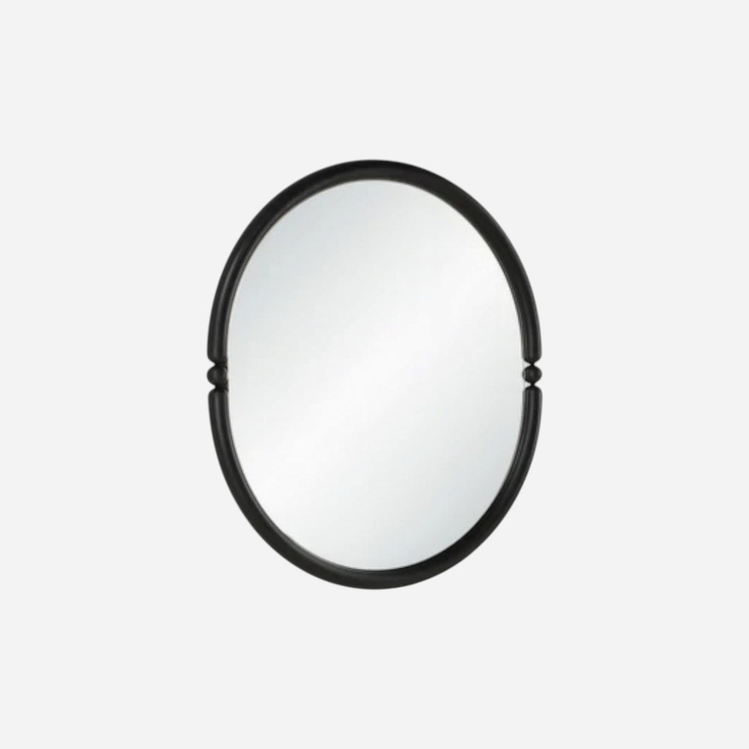 Miroir ovale Maison Olive avec cadre en fer thermolaqué noir mat et détails de perles décoratives sur le pourtour