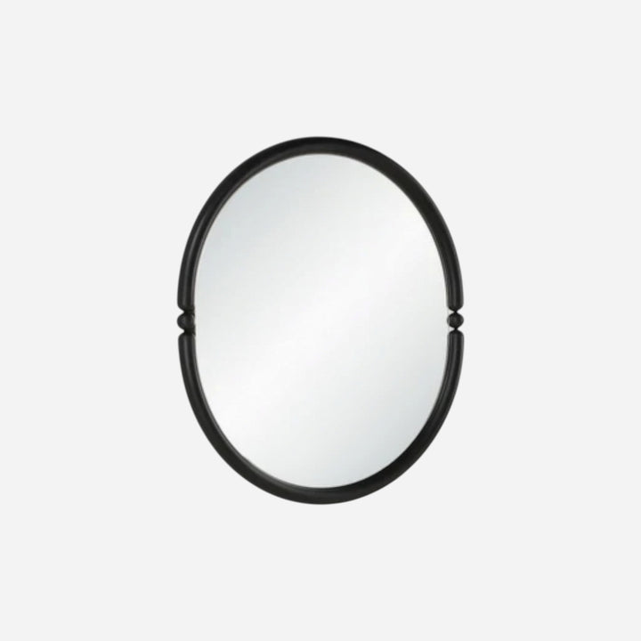 Miroir ovale Maison Olive avec cadre en fer thermolaqué noir mat et détails de perles décoratives sur le pourtour