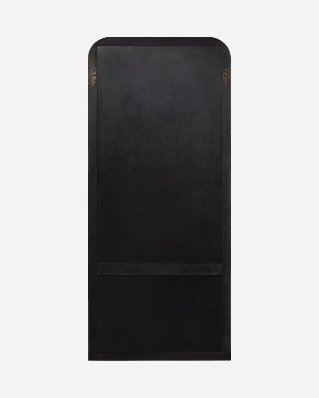 Vue arrière du miroir sur pied Maison Olive Phillo avec cadre noir et fixations murales métalliques