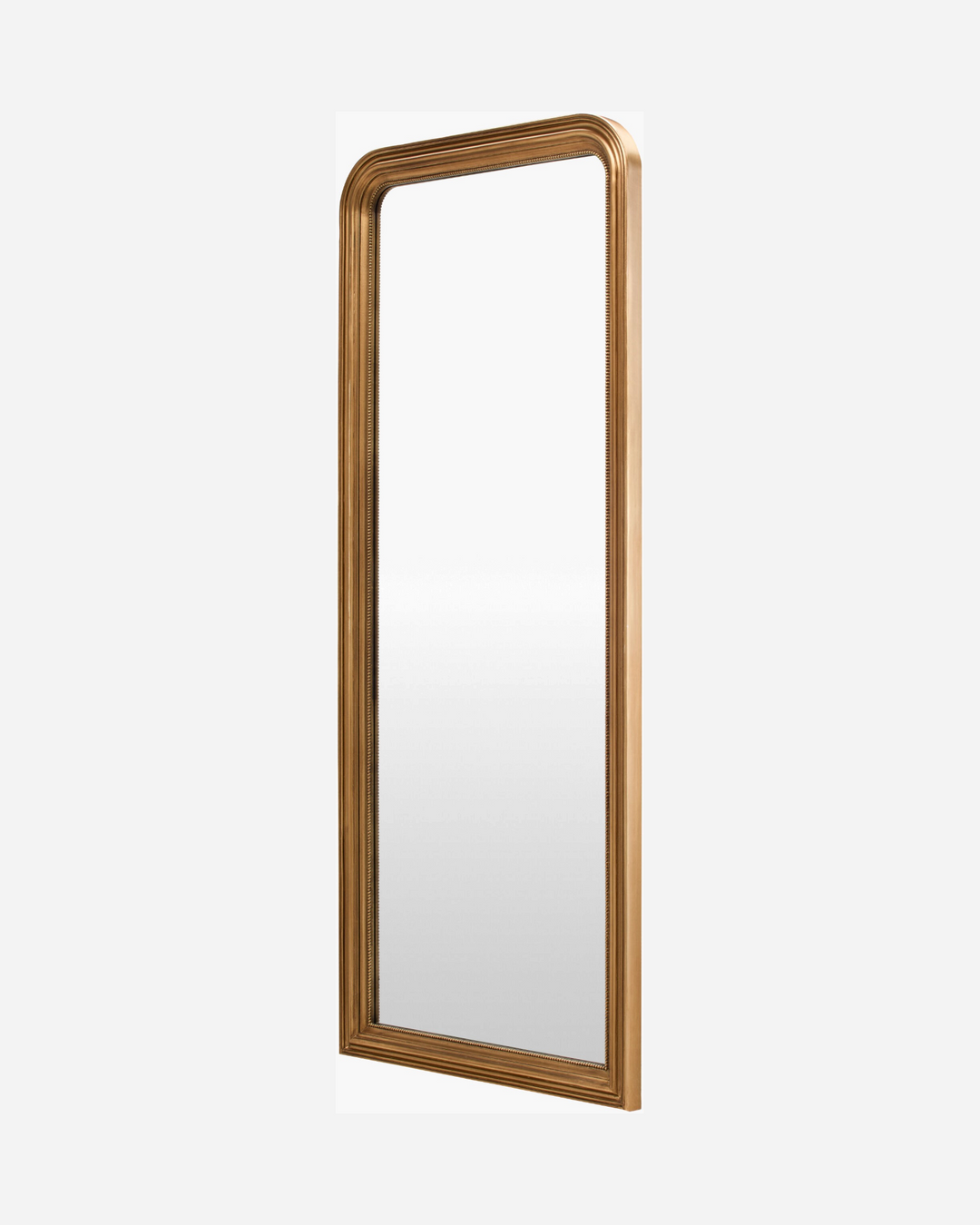 Miroir plein pied Maison Olive avec cadre en bois doré antique, coins arrondis et détails moulurés élégants.