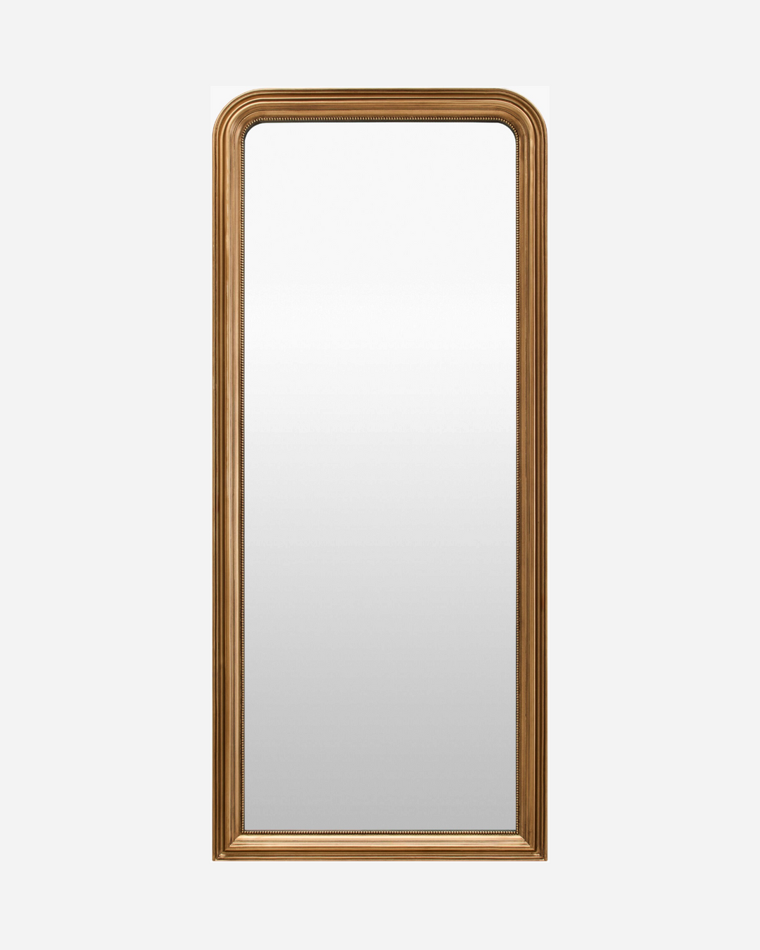 Miroir plein pied Maison Olive avec cadre en bois finition or antique, détails moulurés et coins supérieurs arrondis.