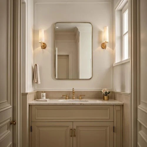 Maison Olive Miroir rectangulaire doré à bords arrondis, cadre métal brossé, 60x90cm, idéal salle de bain, entrée, salon.
