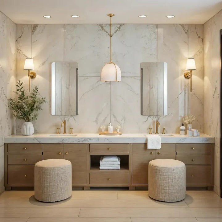Miroir rectangulaire DANUSKE par Maison Olive installé au-dessus d'un meuble-lavabo double en bois dans une salle de bain