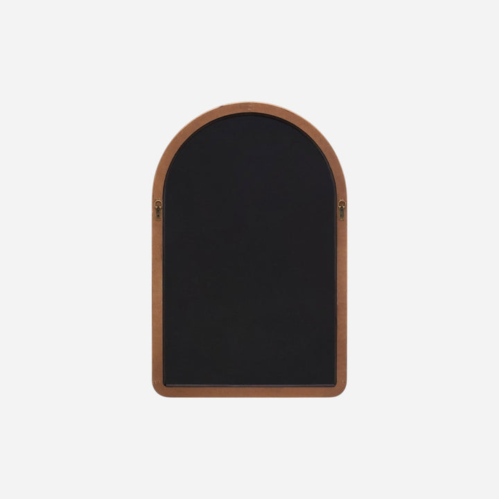Miroir Maison Olive Runia arqué avec cadre en bois brun patiné, design élégant et intemporel pour décoration murale.