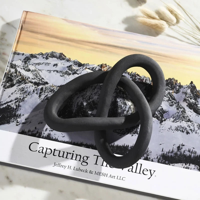 Objet décoratif Maison Olive en forme de nœud sculptural noir mat posé sur un livre de photographie de montagne