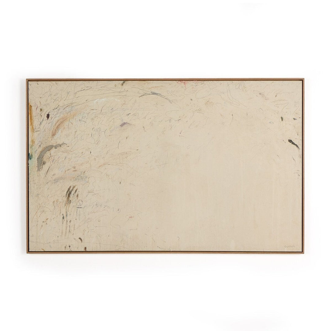 Œuvre d'art abstraite encadrée Maison Olive avec des marques de crayon et des touches de couleur terreuse sur fond de lin.