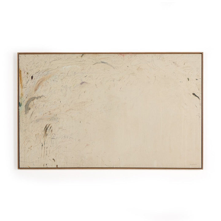 Œuvre d'art abstraite encadrée Maison Olive avec des marques de crayon et des touches de couleur terreuse sur fond de lin.