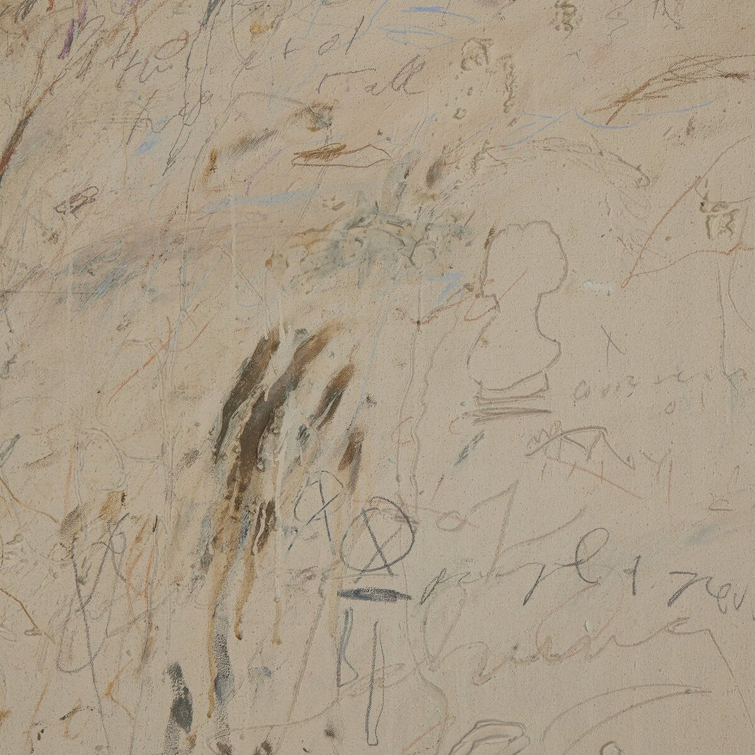Maison Olive œuvre d'art abstraite encadrée, esquisses au crayon sur fond texturé de lin naturel, touches de couleur terreuse.