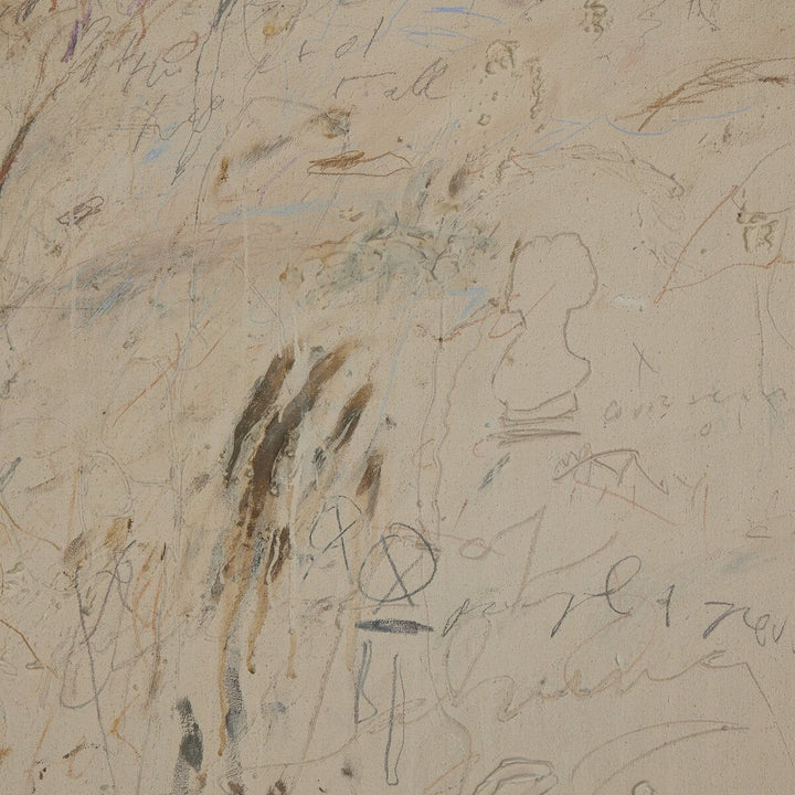 Maison Olive œuvre d'art abstraite encadrée, esquisses au crayon sur fond texturé de lin naturel, touches de couleur terreuse.