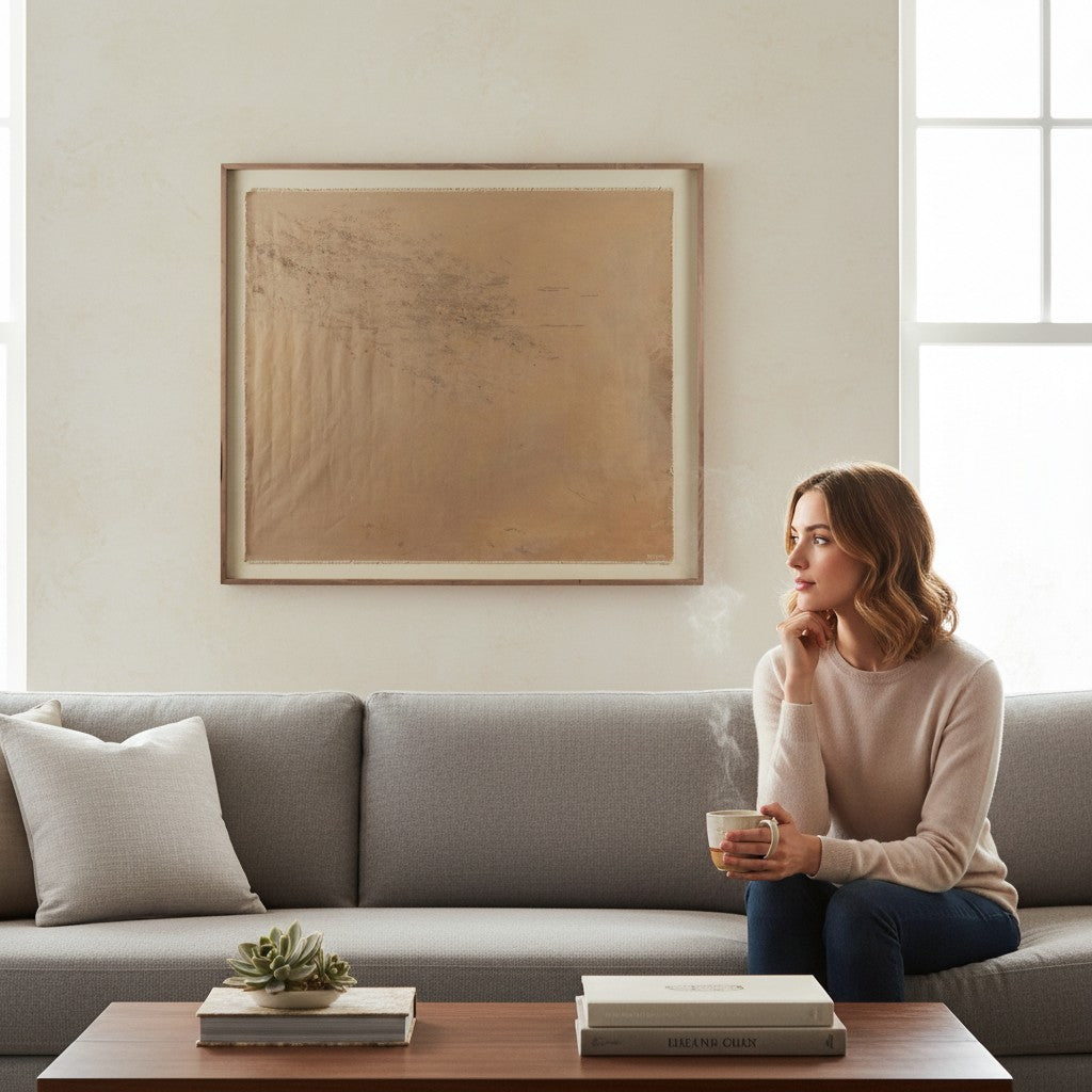 Œuvre d'art Maison Olive sur toile de lin texturée, tons naturels, bords effilochés, signée GUINN, encadrée en bois.