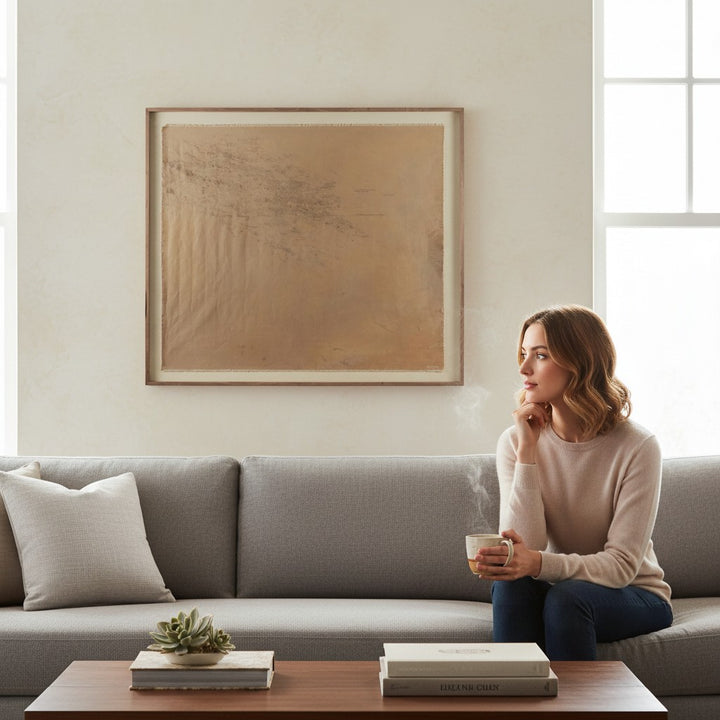 Œuvre d'art Maison Olive sur toile de lin texturée, tons naturels, bords effilochés, signée GUINN, encadrée en bois.