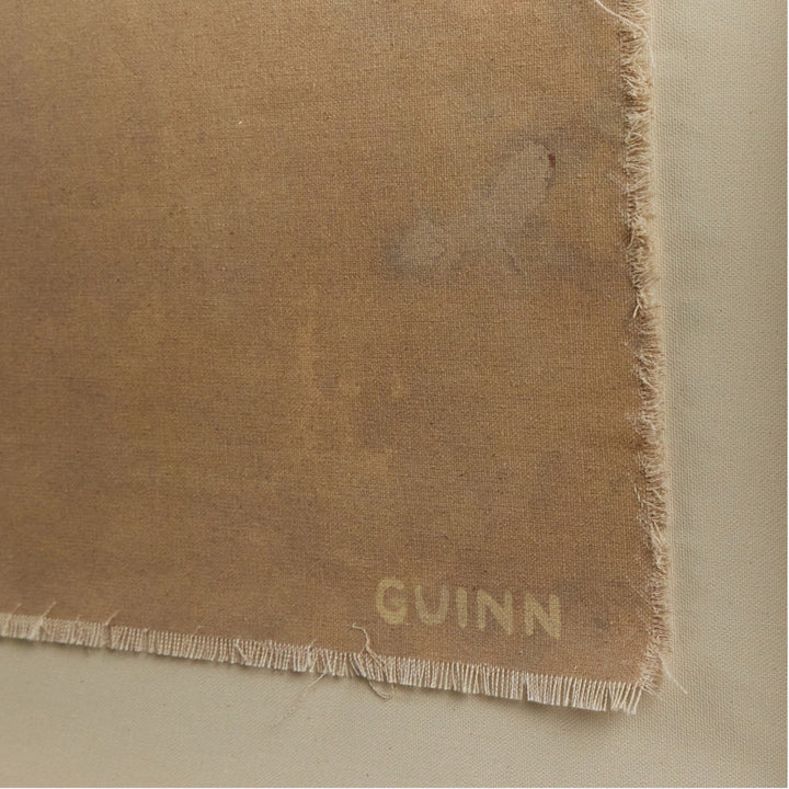 Œuvre d'art Maison Olive sur toile de lin texturée brute, bords effilochés, signature GUINN, encadrée.