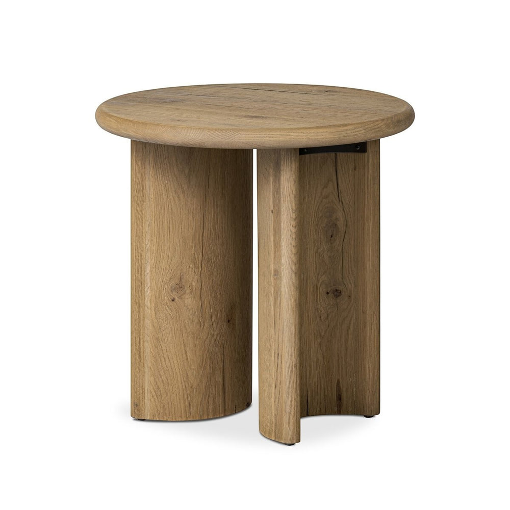 Maison Olive PADEN table d'appoint en chêne usé avec plateau rond et pieds en forme de croissant. Design organique.