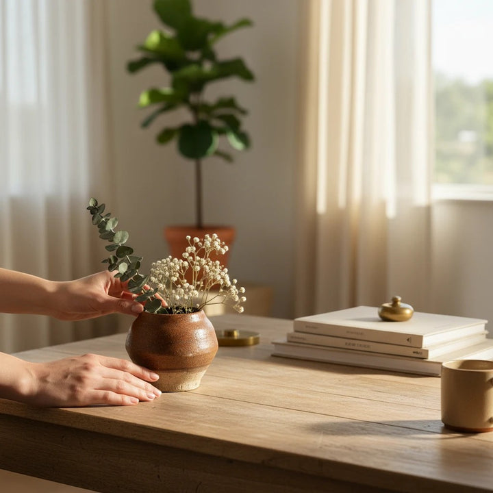Mains disposant des fleurs séchées dans un petit pot en céramique artisanale Maison Olive sur une table en bois