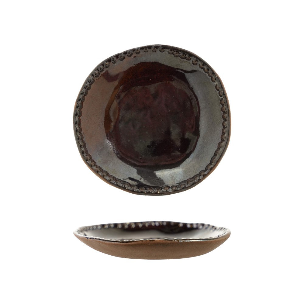 Petite assiette artisanale Maison Olive en céramique brune émaillée avec un bord perlé décoratif