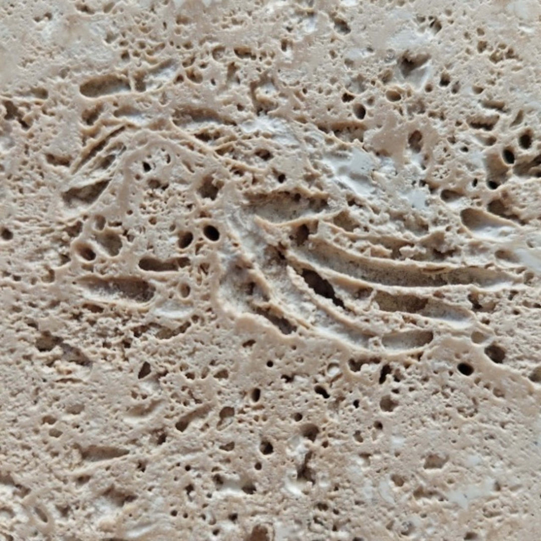 Pierre travertin beige texturée de Maison Olive, aspect naturel et poreux, idéal pour sols et murs intérieurs/extérieurs.