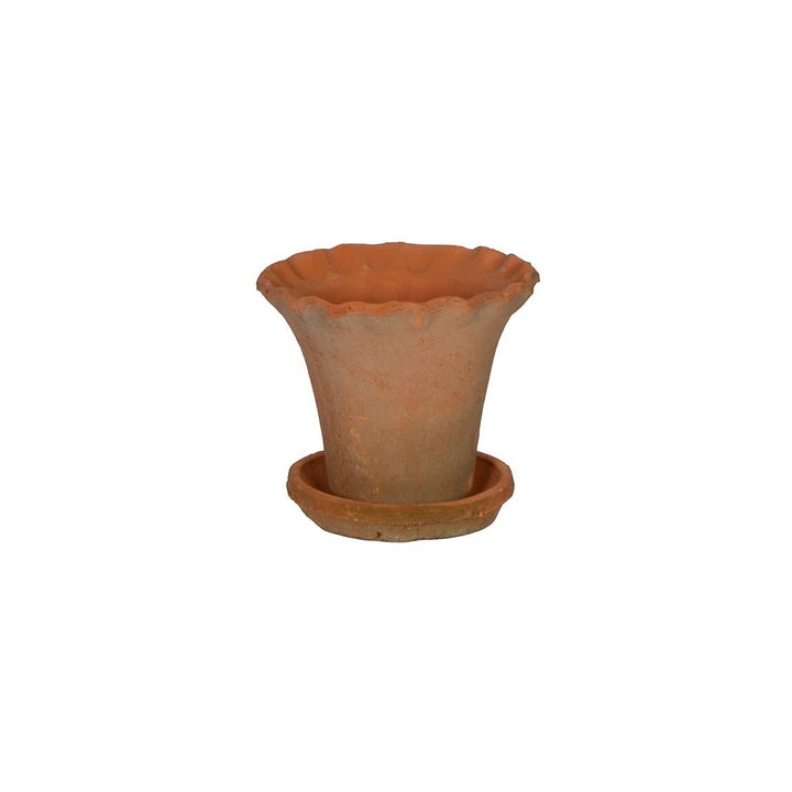 Maison Olive Pot en terre cuite LIZ à bord froncé, finition naturelle, avec soucoupe intégrée pour plantes d'intérieur.