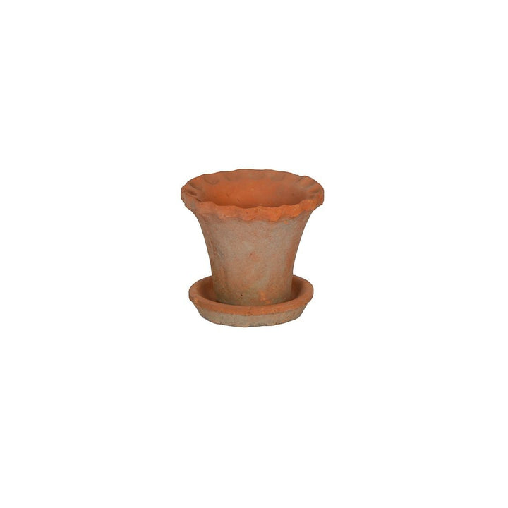 Maison Olive Pot en terre cuite LIZ à bord froncé, finition naturelle, avec soucoupe intégrée pour plantes d'intérieur.