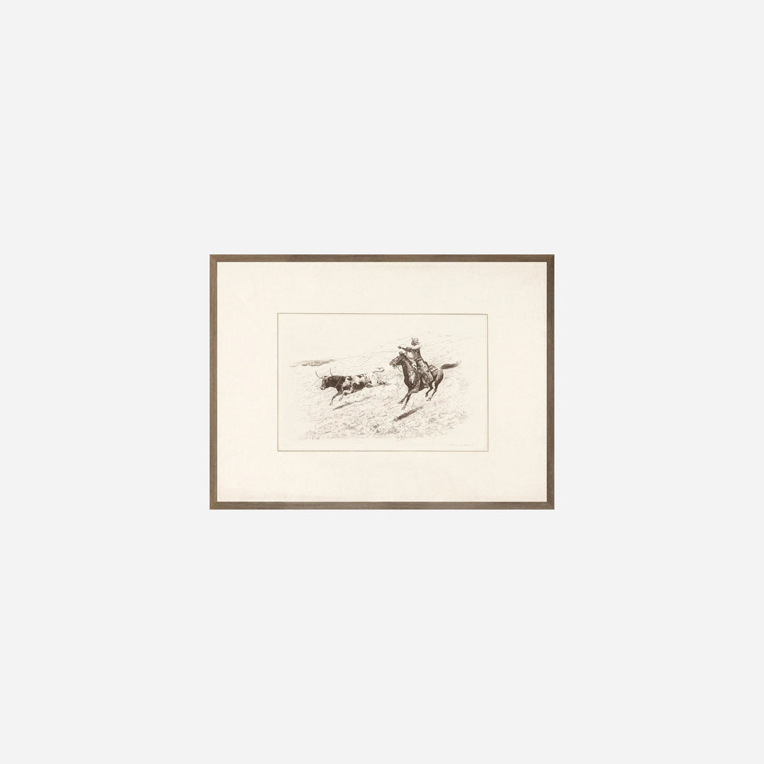 Reproduction d'art Maison Olive Wrangler Roping a Bull C. 1940, dessin de cowboy sur cheval capturant un taureau.