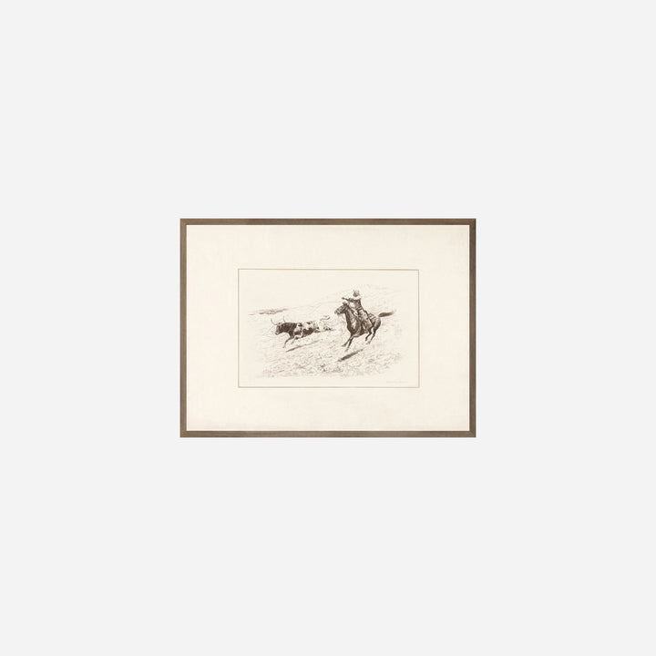 Reproduction d'art Maison Olive Wrangler Roping a Bull C. 1940, dessin de cowboy sur cheval capturant un taureau.