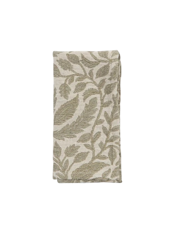 Serviette de table Maison Olive en coton beige avec un motif végétal brodé vert sauge, style champêtre chic.