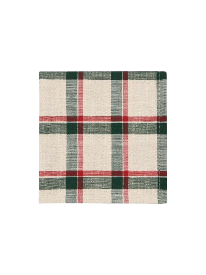 Serviette de table Maison Olive en tissu à motif tartan classique avec des carreaux crème, vert sapin et rouge