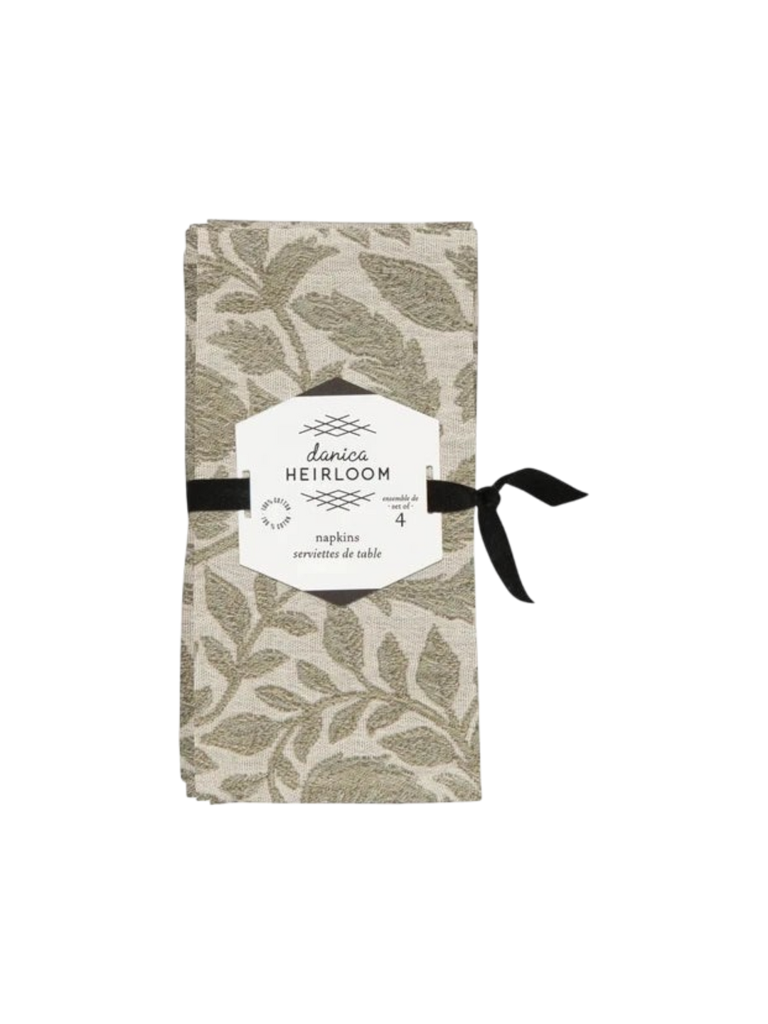 Ensemble de quatre serviettes de table Maison Olive en coton beige avec un motif végétal élégant et intemporel.