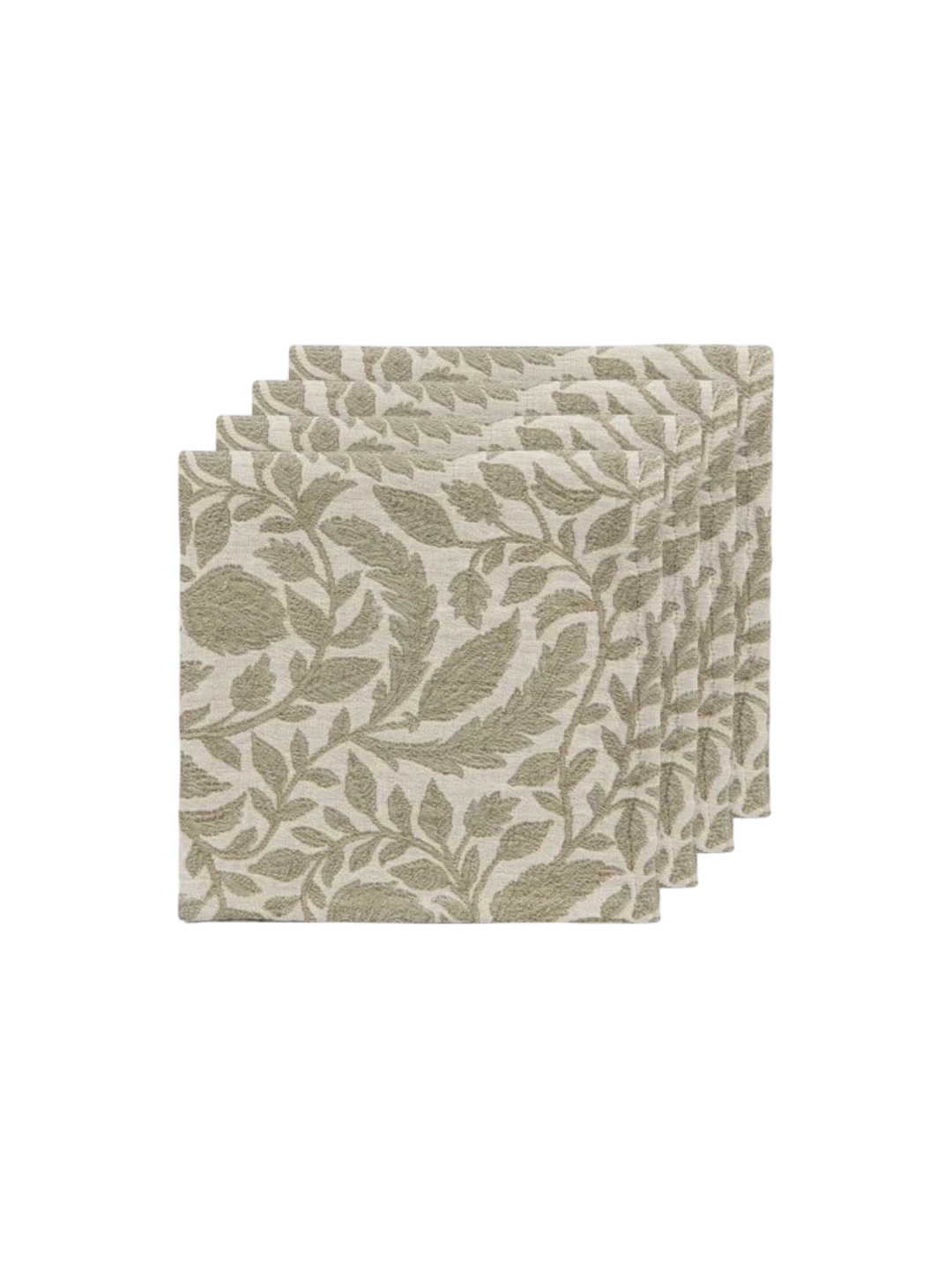 Ensemble de quatre serviettes de table Maison Olive en coton beige avec un motif végétal délicat et élégant.
