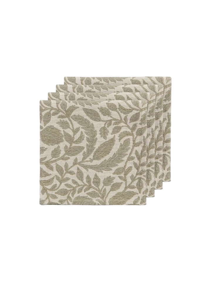 Ensemble de quatre serviettes de table Maison Olive en coton beige avec un motif végétal délicat et élégant.