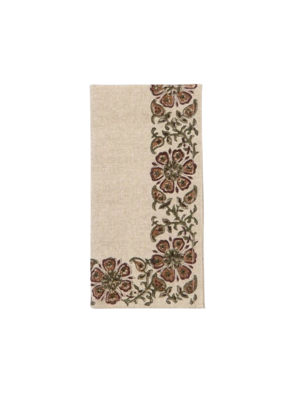 Serviettes de table Maison Olive en tissu beige avec impression artisanale florale aux tons bruns et verts