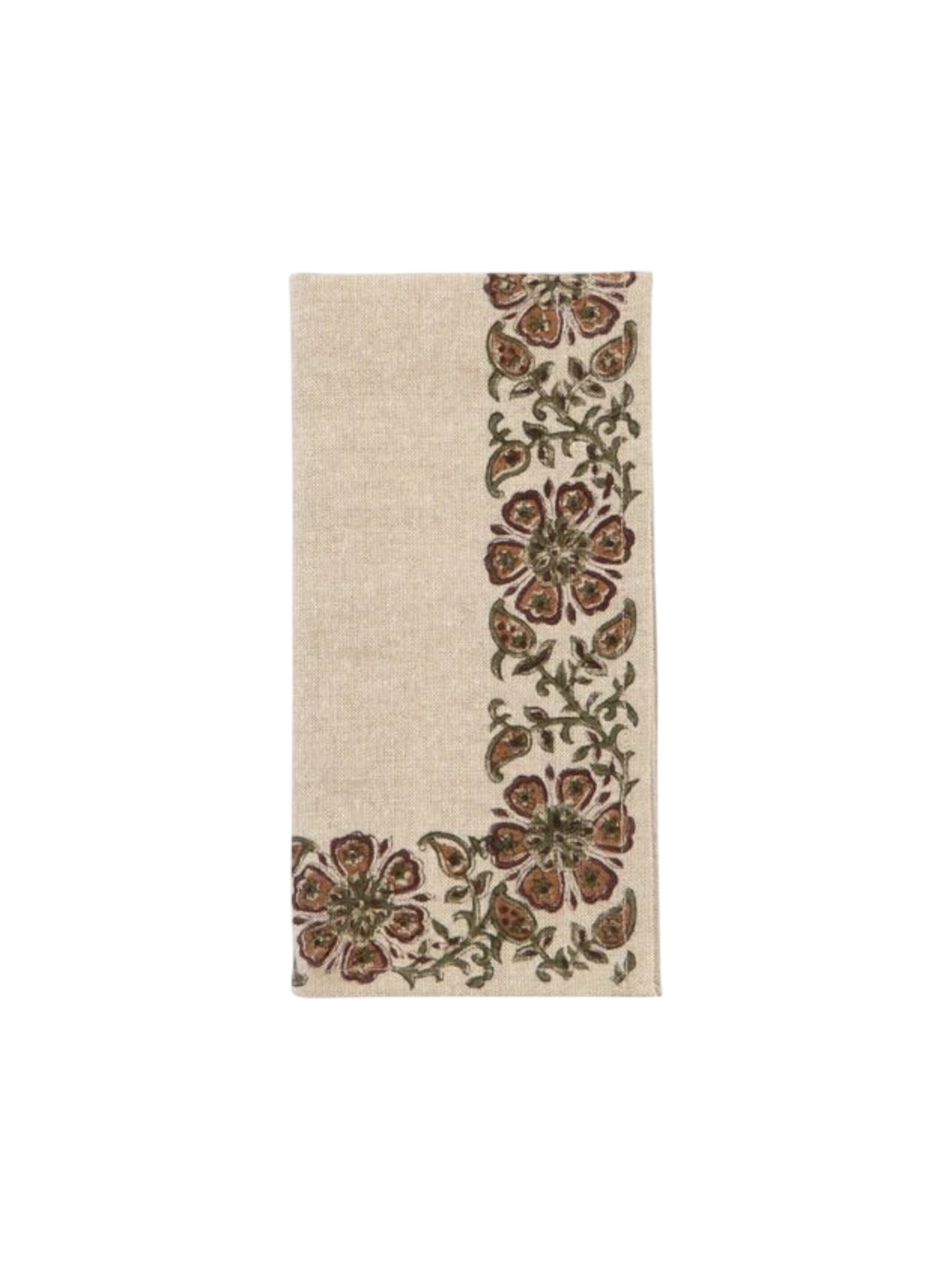 Serviettes de table Maison Olive en tissu beige avec impression artisanale florale aux tons bruns et verts