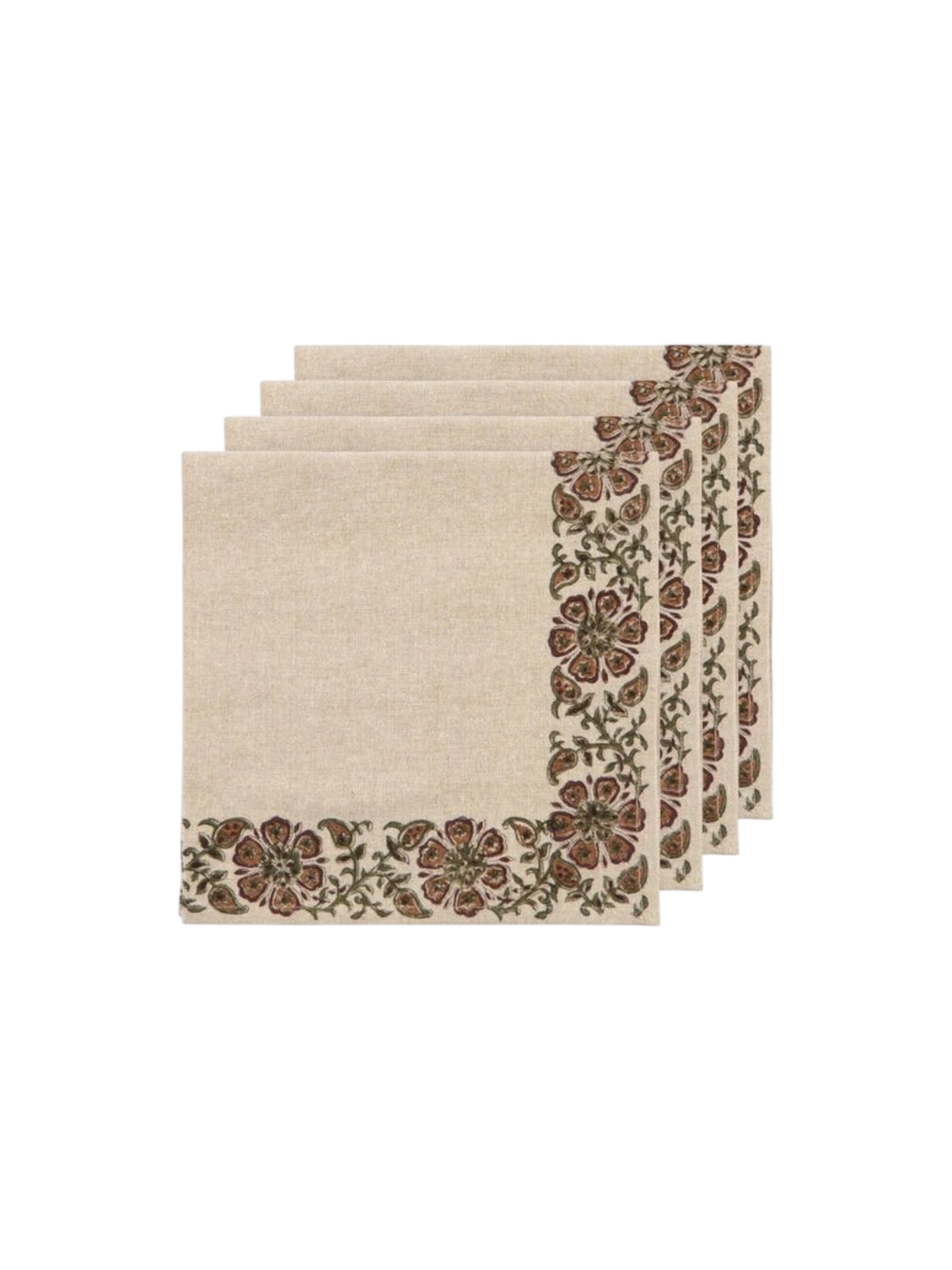 Ensemble de quatre serviettes de table Maison Olive en lin beige avec impression artisanale de motifs floraux bruns