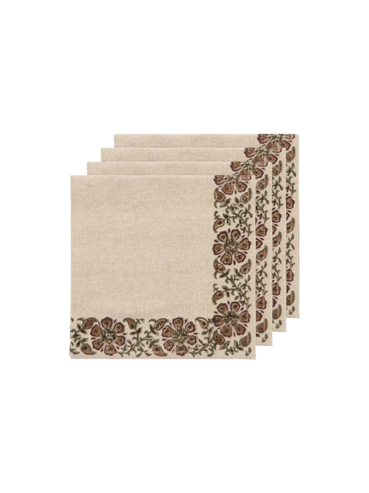 Ensemble de quatre serviettes de table Maison Olive en lin beige avec impression artisanale de motifs floraux bruns