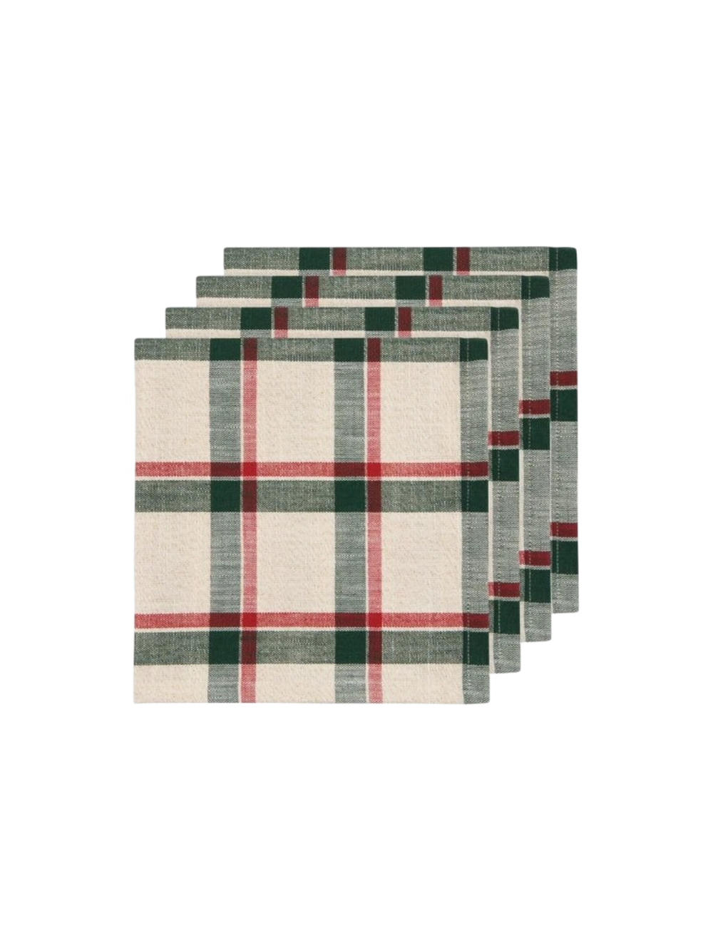 Lot de 4 serviettes de table Maison Olive en tissu à carreaux tartan crème, vert sapin et rouge pour une table festive