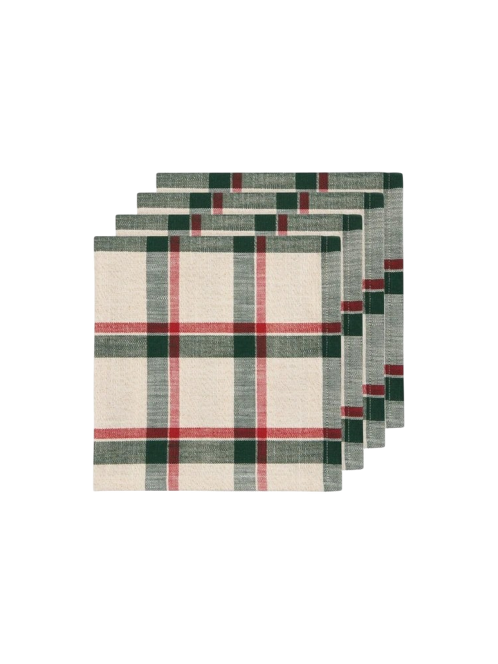 Lot de 4 serviettes de table Maison Olive en tissu à carreaux tartan crème, vert sapin et rouge pour une table festive