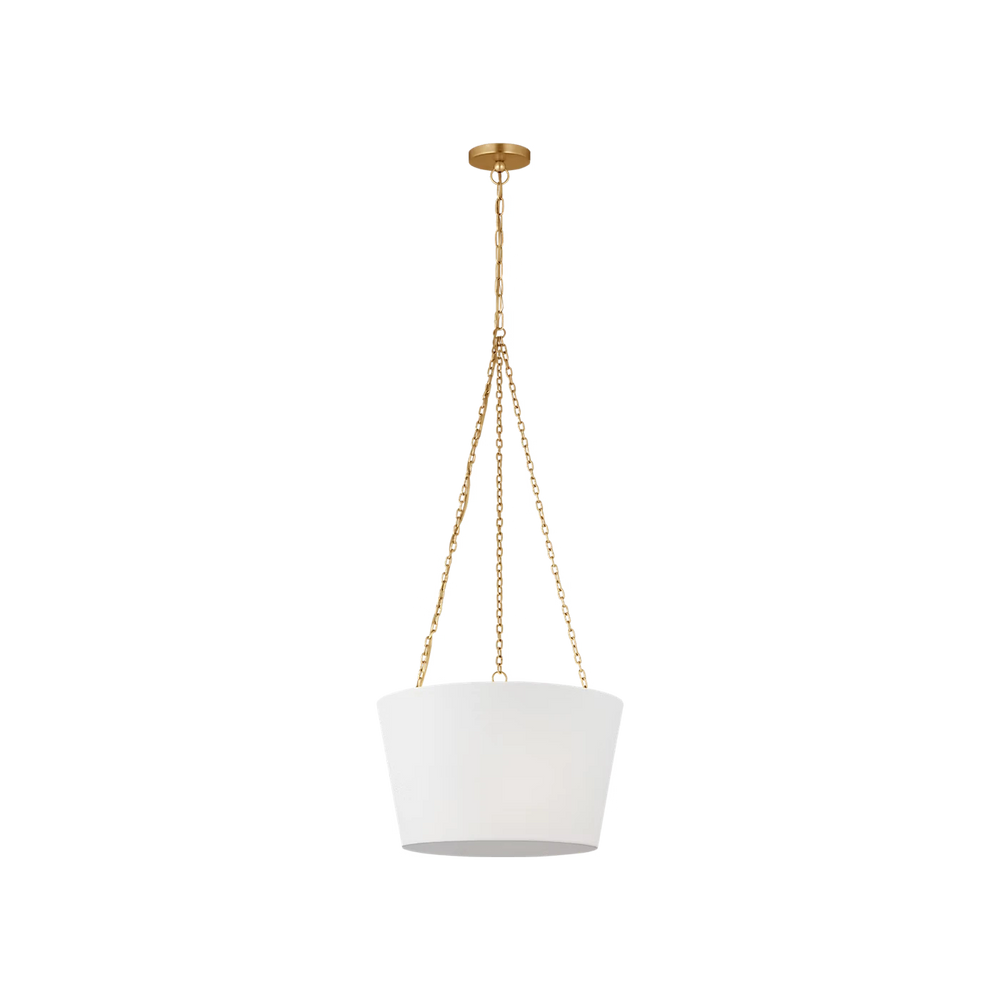Maison Olive Suspension luminaire en métal doré vieilli avec abat-jour blanc conique en tissu, design moderne et élégant.